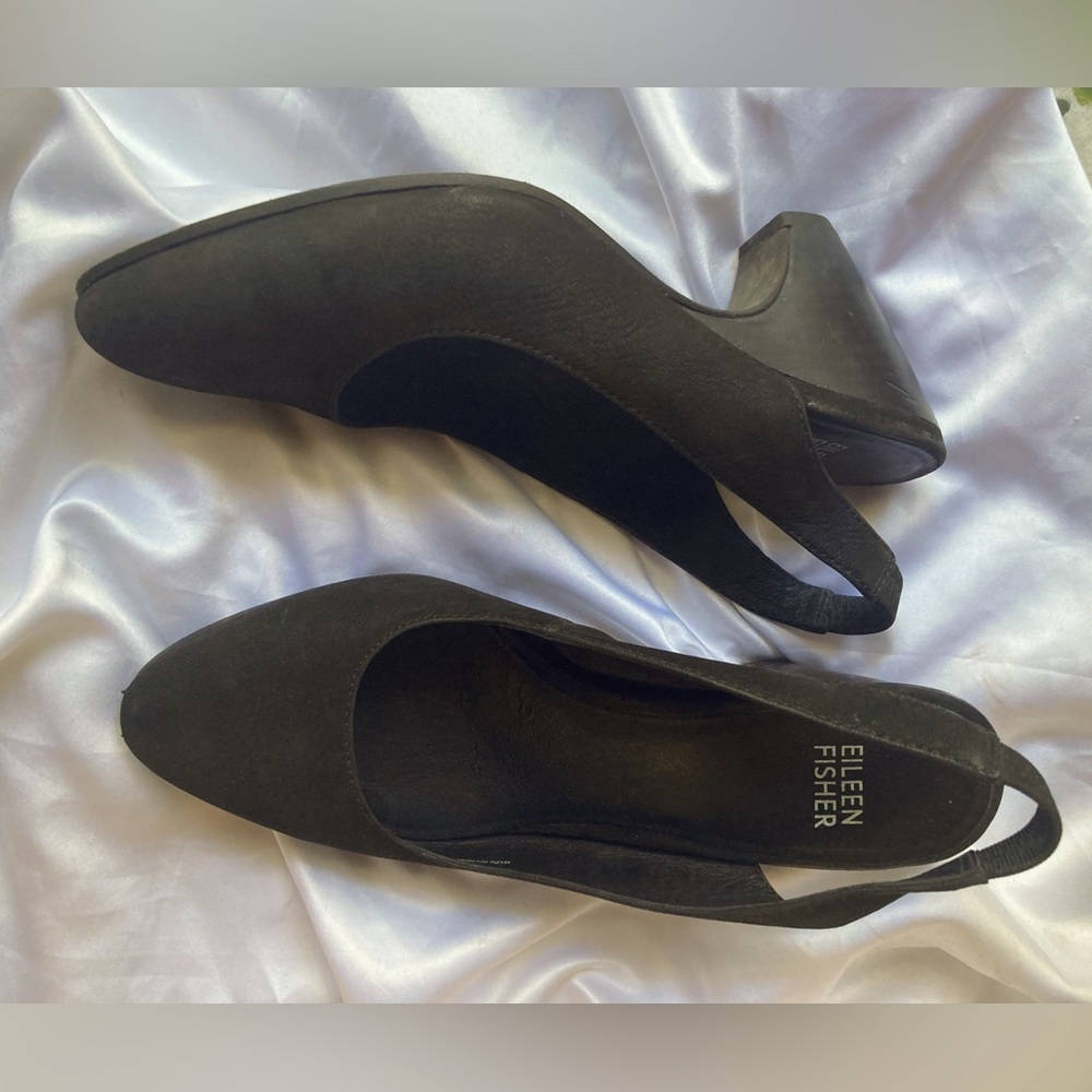 Eileen Fisher EUC Black Nubuck Leather Slingback Comma Heel Pumps US 6.5 "Milla"